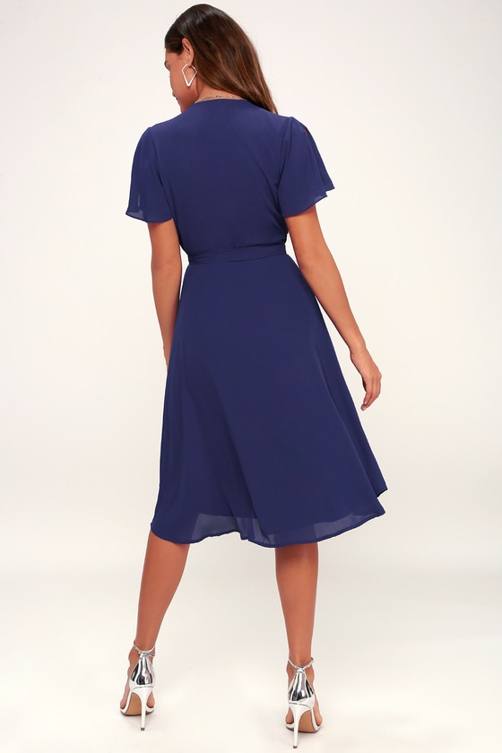 Lovely Royal Blue Wrap Dress - Midi ...